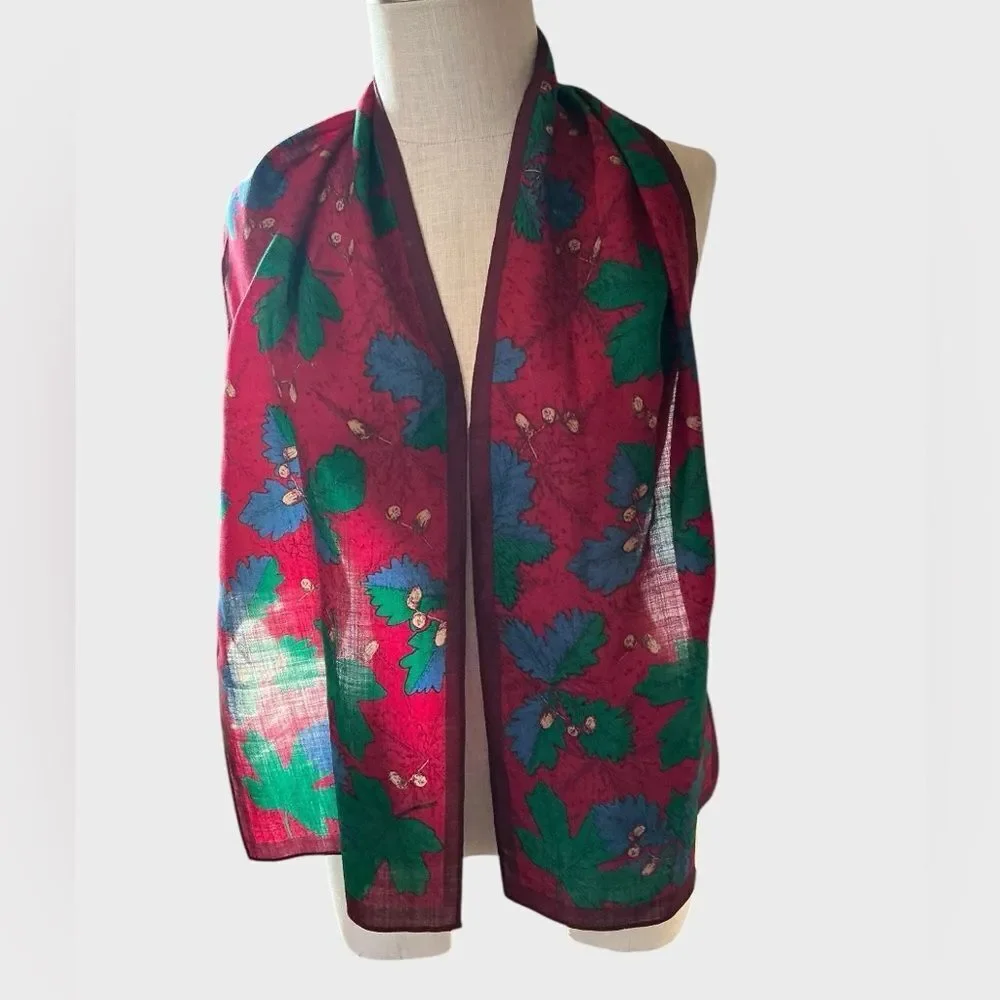 Vintage 1988 Ginnie Johansen 100% Wool Floral Scarf Red Green 57”